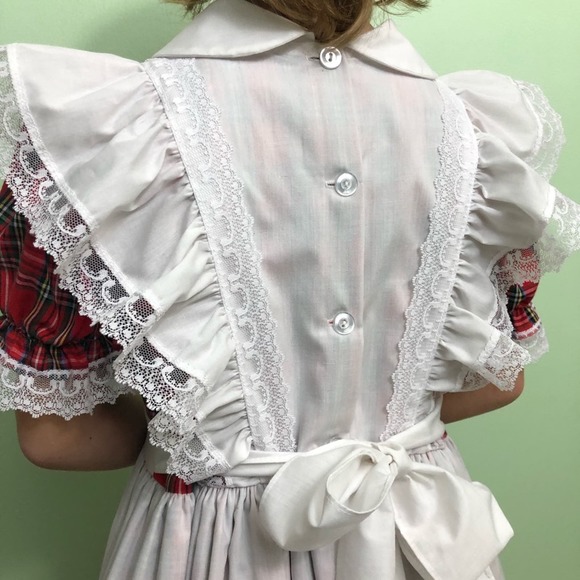 Vintage Golden Age Full Circle Plaid Pinafore Party Dress Ruffles Lace 80s - Picture 8 of 12